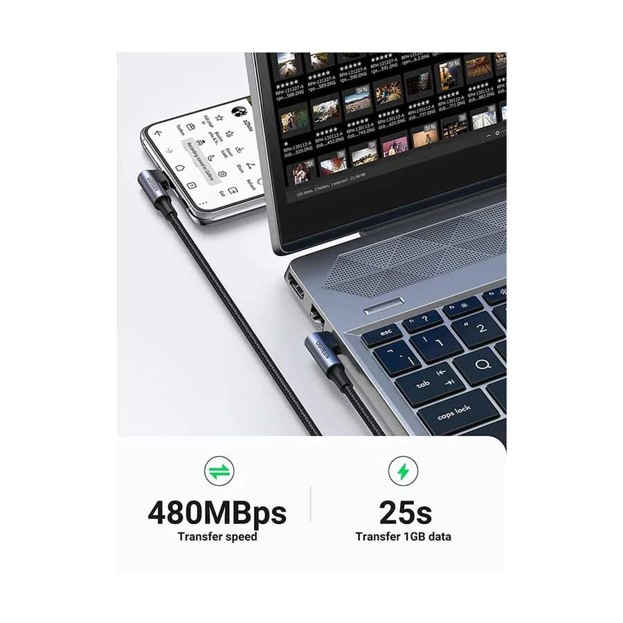 UGREEN US335 Angled USB-C to USB-C 100W 5A Fast Charging & Data Cable (1/2 Meter)